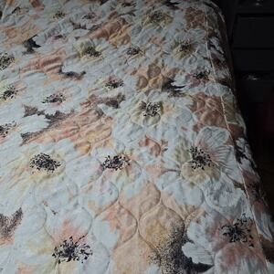 Vtg Twin Satin Bedspread Peach Floral Ruffle Lace Beatrice 'Hollywood Regency'